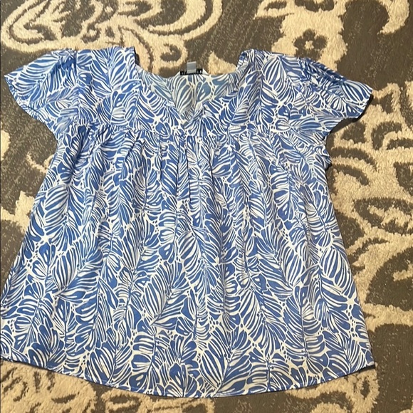 Counterparts Blue and White Flutter Sleeve Blouse - Picture 1 of 5